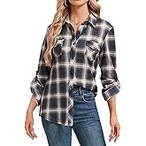 Oyamiki Womens Casual Cuffed Long Sleeve Boyfriend Button Down Plaid Flannel Shirt Tops