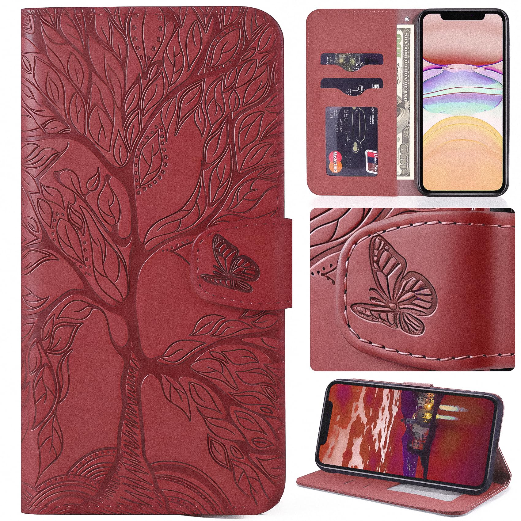 Aisenth Flip Case for Xiaomi Poco M3 Pro 5G/Redmi Note10 5G, The Tree of Life Embossed PU Leather Wallet Phone Folio Case Magnetic Cover with Kickstand, Card Slots + 1 Wrist Strap (Red)