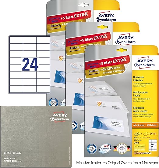 AVERY Zweckform 3490 Adressetiketten A4 1800 Plus 360 Etiketten Extra Avery zweckform 3490 adressetiketten a4 1800 plus 360 etiketten extra
