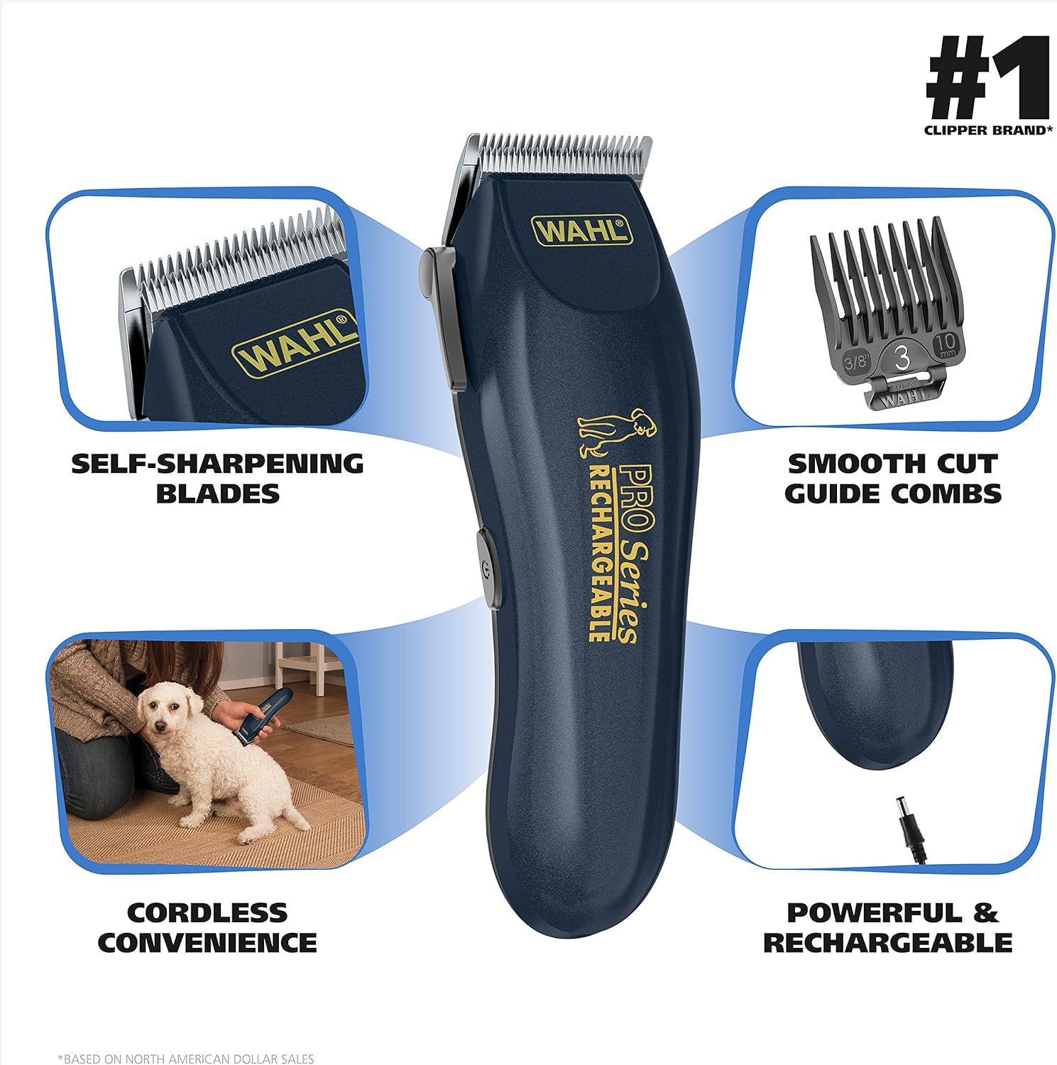 WAHL Lithium Ion Deluxe Pro Series Rechargeable Pet Clipper Grooming Kit with Low Noise & Heavy Duty Motor for Cordless Electric Trimming & Shaving Dogs – Model 9591-2100