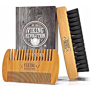 Viking Revolution Beard Comb & Beard Brush Set for Men - Natural Boar Bristle Brush and Dual Action Pear Wood Comb w/Velvet Travel Pouch - Great for Grooming Beards and Mustaches