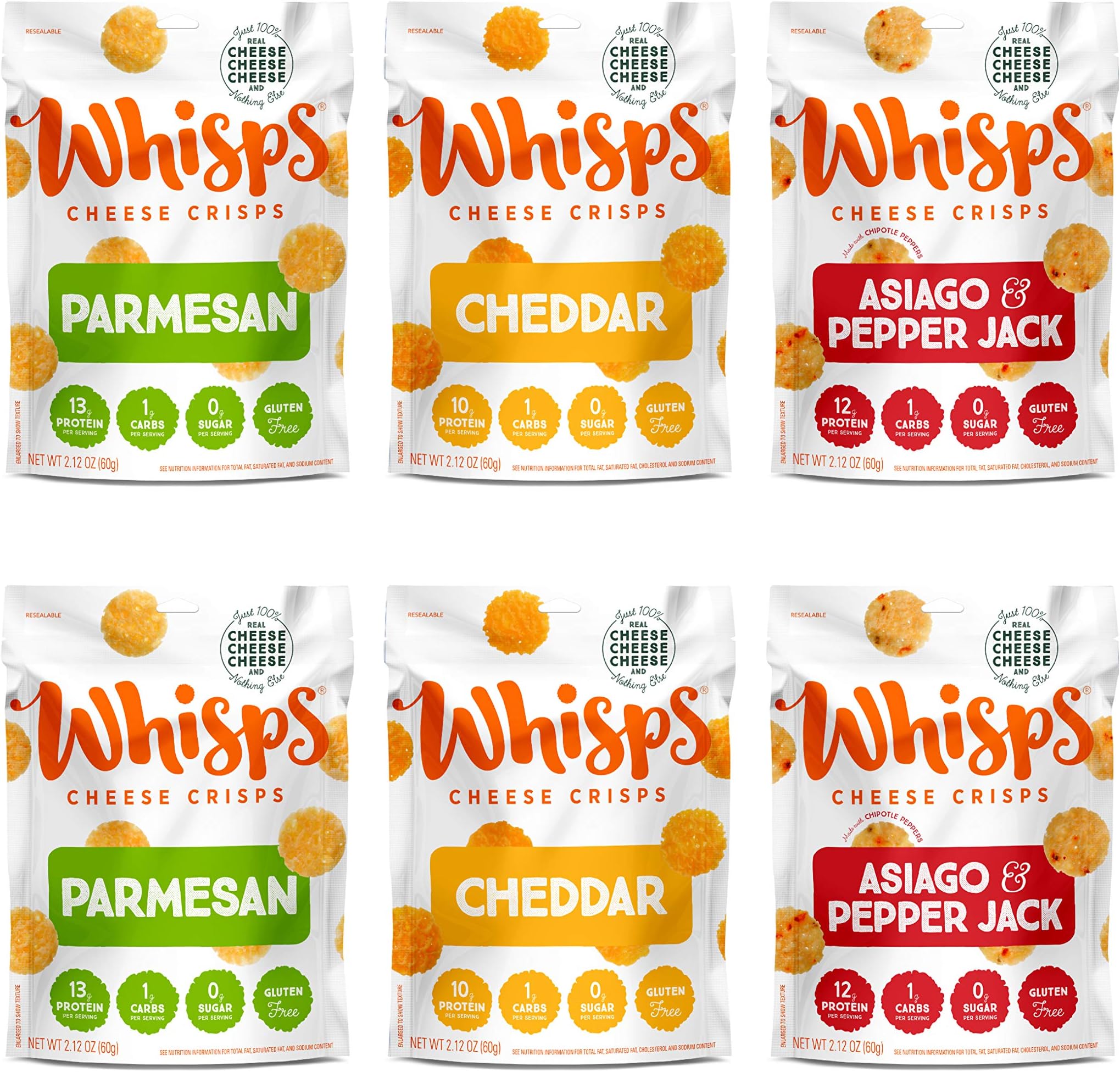 Cello Whisps Cheese Crisps, 6 Pack Assortment: Cheddar, Parmesan, Asiago and Pepper Jack
