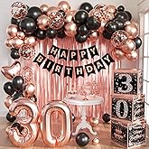 Rose Gold 30th Birthday Decorations for Women - Dirty 30 Birthday Party Supplies Include 3pcs Balloon Boxes, Number 30 Foil Balloons, Fringe Curtains, Black Pink Garland Arch Kit - Photo Props
