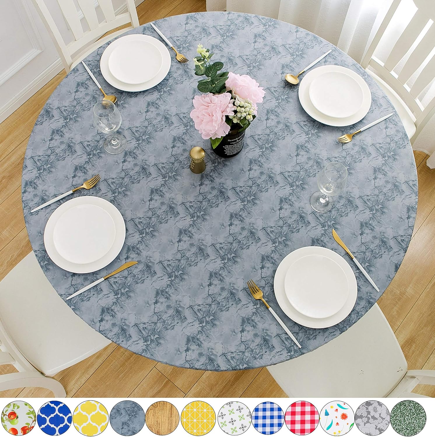 Rally Home Goods Indoor Outdoor Patio Round Fitted Vinyl Tablecloth, Flannel Backing, Elastic Edge, Waterproof Wipeable Plastic Cover, Light Gray Marble Pattern for 6-Seat Table of 43-56’’ Diameter: Home & Kitchen