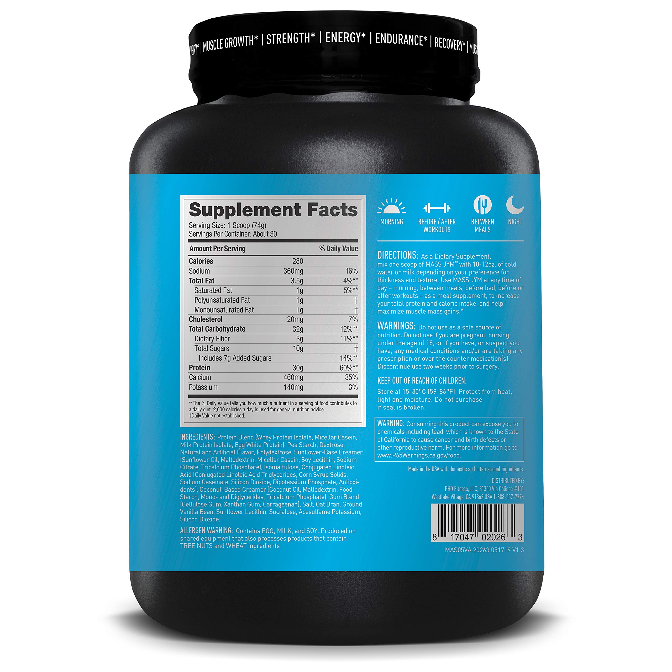 JYM Supplement Science Mass JYM Tahitian Vanilla Bean Weight Gainer Protein Powder - Egg White, Milk, Whey Protein Isolates & Micellar Casein, 5 lbs