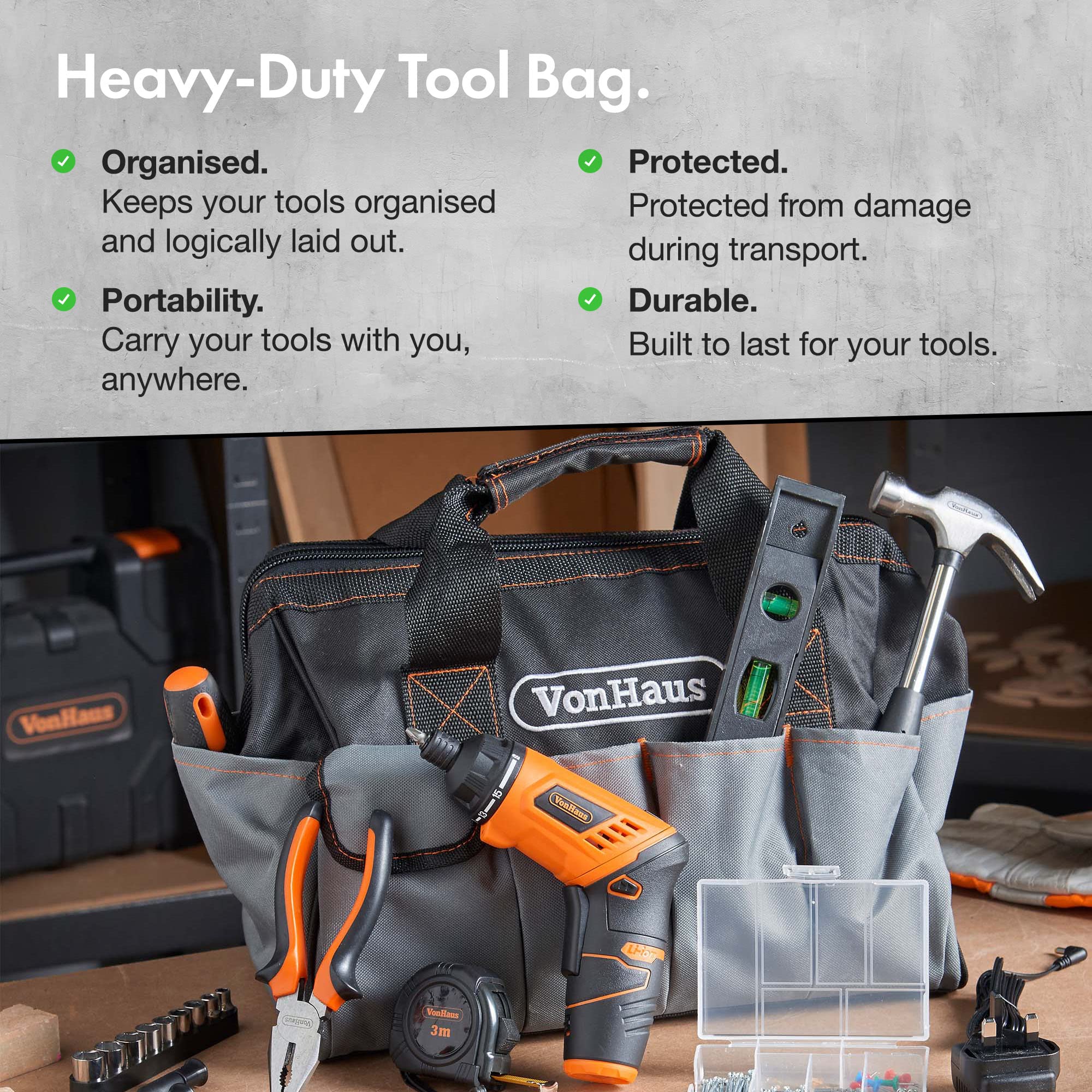 VonHaus Cordless Hand Drill and Household Tool Kit - 94pc Tool Kit for Beginners - Includes 3.6V/Cordless Lithium-ion Screwdriver - Power & Hand Tools with Drill Sets in Case