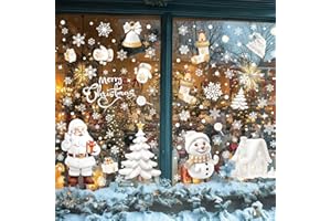 Joeyan 9 Sheets Christmas Window Stickers, 3D Large Christmas Window Clings Decals White Double Sided Santa Claus, Snowman, Reindeer, Snowflakes, Xmas Tree Scene Static Stickers Decorations