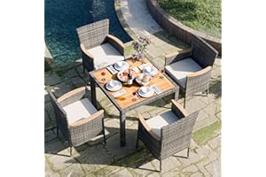 JAMFLY 5 Pieces Outdoor Patio Dining Set, Wicker Patio Furniture Set with Wood Table and 4 Chairs with Soft Cushions for Yard, Garden, Porch and Poolside (Grey)