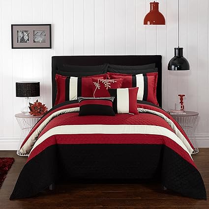 Chic Home 10 Piece Pueblo Complete Bedroom Octagon Embroidery Color Block Pattern Queen Bed In A Bag Comforter Red With Sheet Set