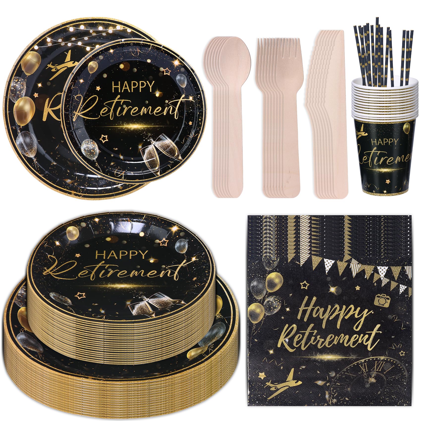 CEILIWEN 201PCS Happy Retirement Party Supplies Set with Black and Gold Tableware for Men Women Farewell, Say Goodbye - Paper Plates and Napkins, Serves 25