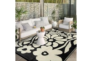 Wonnitar 8x10 Outdoor Patio Rug Clearance,Waterproof Plastic Straw Rugs Reversible Outside Large Mat,Abstract Floral Lightweight Carpet for Backyard Balcony RV Camping Deck,Black and White