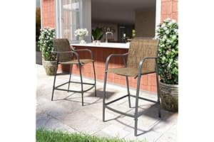 VredHom Outdoor Metal Bar Stools Patio Bar Stools Set of 2, Counter Height Chairs Steel Bar Chairs Lightweight Patio Furniture with Textilene, Armrest and Footrest,Brown