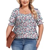 FOREYOND Women's Plus Size Summer Tops Puff Short Sleeve Blouses Square Neck Dressy Tunics Loose Casual T Shirts