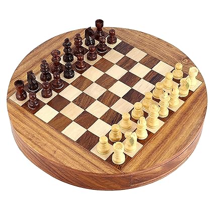 Wooden Hand Crafted (Magnetic) (7 in x 7 in) Round Chess Board Game