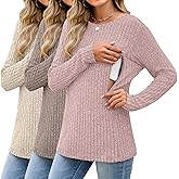 Sweetyweee 3 Pack Women's Nursing Tops Breastfeeding Shirts Long Sleeve Maternity Ribbed Sweaters with Hidden Zipper