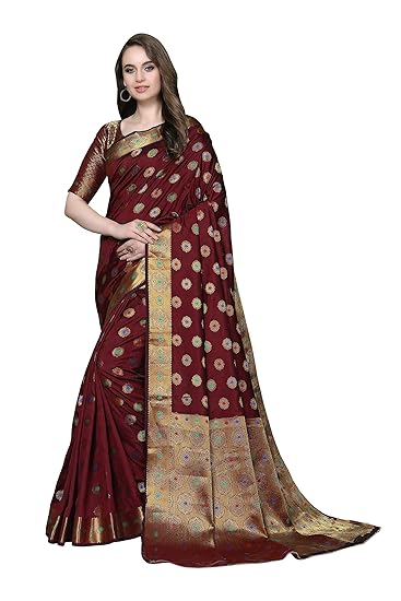 COTTON SHOPY Womens Banarasi Tussar Silk Saree With Blouse Piece (Cott-920_Dark Maroon)
