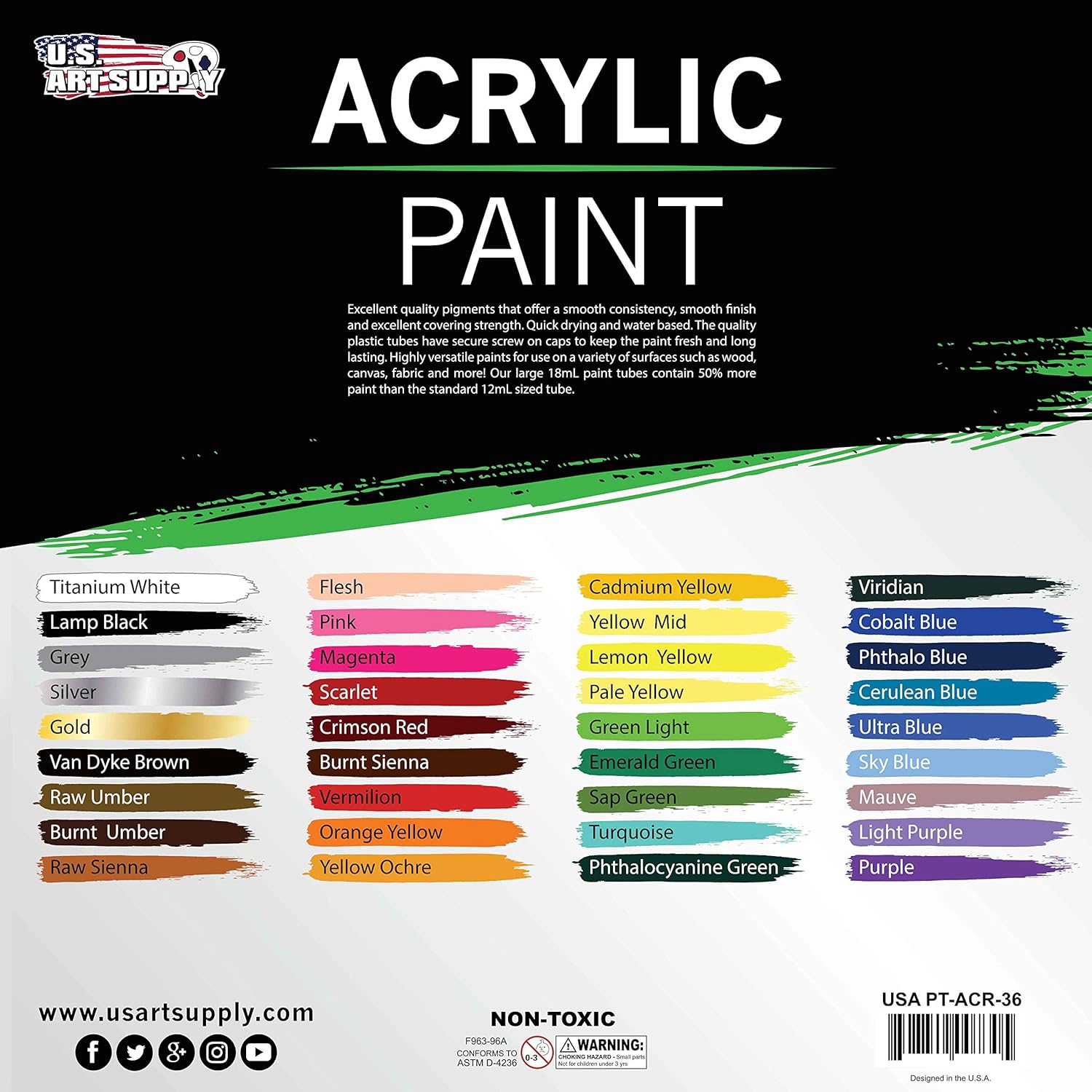 U.S. Art Supply Professional 36 Color Set of Acrylic Paint in Large 18ml Tubes - Rich Vivid Colors for Artists, Students, Beginners - Canvas Portrait Paintings - Color Mixing Wheel