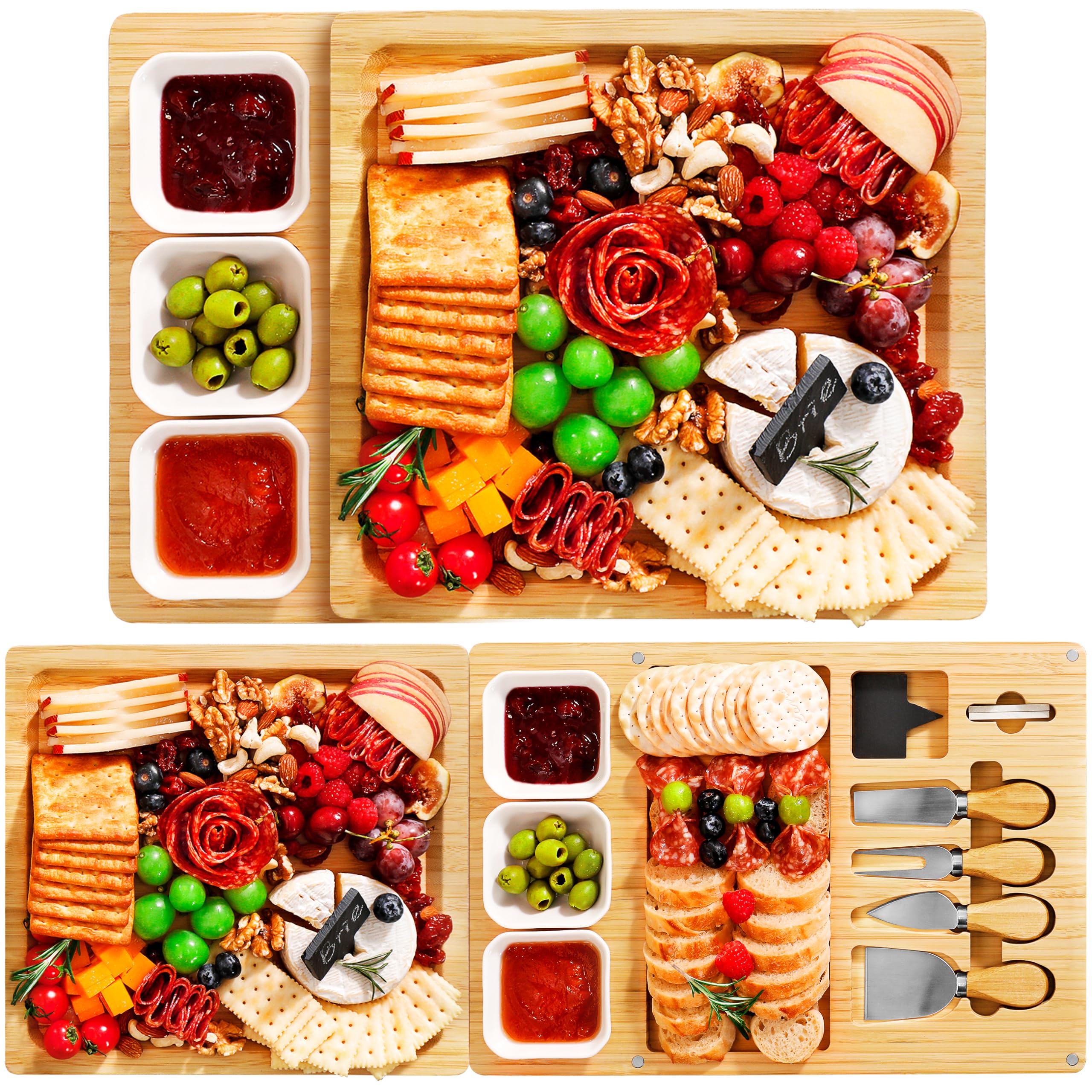 Photo 1 of Easoger Bamboo Charcuterie Boards and Knife Set, 3 in 1 Magnetic Extra Large Cheese Board with 3 Bowls, Wedding Gifts, Christmas Gifts, House Warming Gifts for Couples