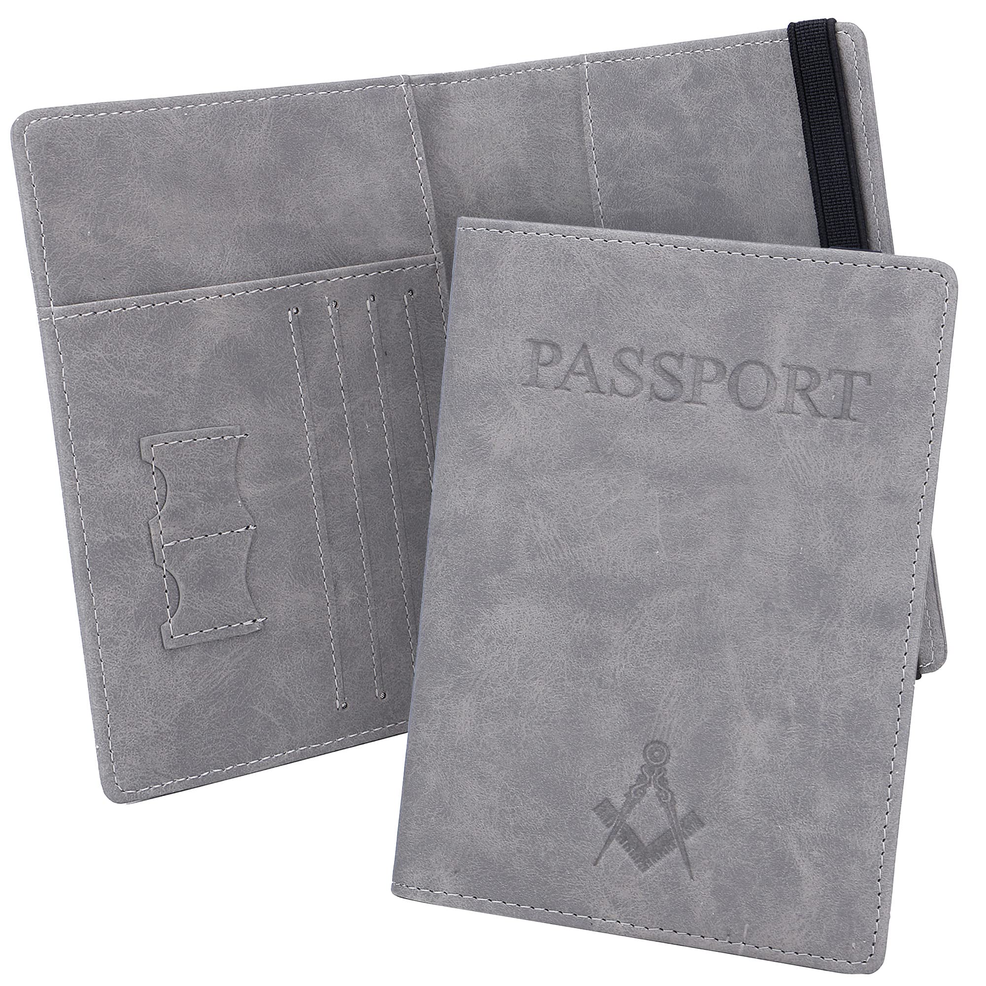 THE MASONIC COLLECTION Passport Holder Cover - Blue or Gray Imitation Leather Travel Wallet Case - Embossed Square & Compass – Waterprof & Soft - Freemason Regalia Gift for Men