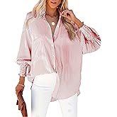 HOTEVE Women's Wrinkle-Resistant Smocked Cuffed Striped Button Shirt with Pocket Oversized Casual Boyfriend Blouse