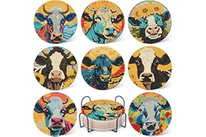 DOTZSO 8 Pcs Cow Diamond Painting Coasters with Holder, Diamond Art Coasters for Beginners, Adults & Kids Diamond Art Kits for Adults, Craft Supplies