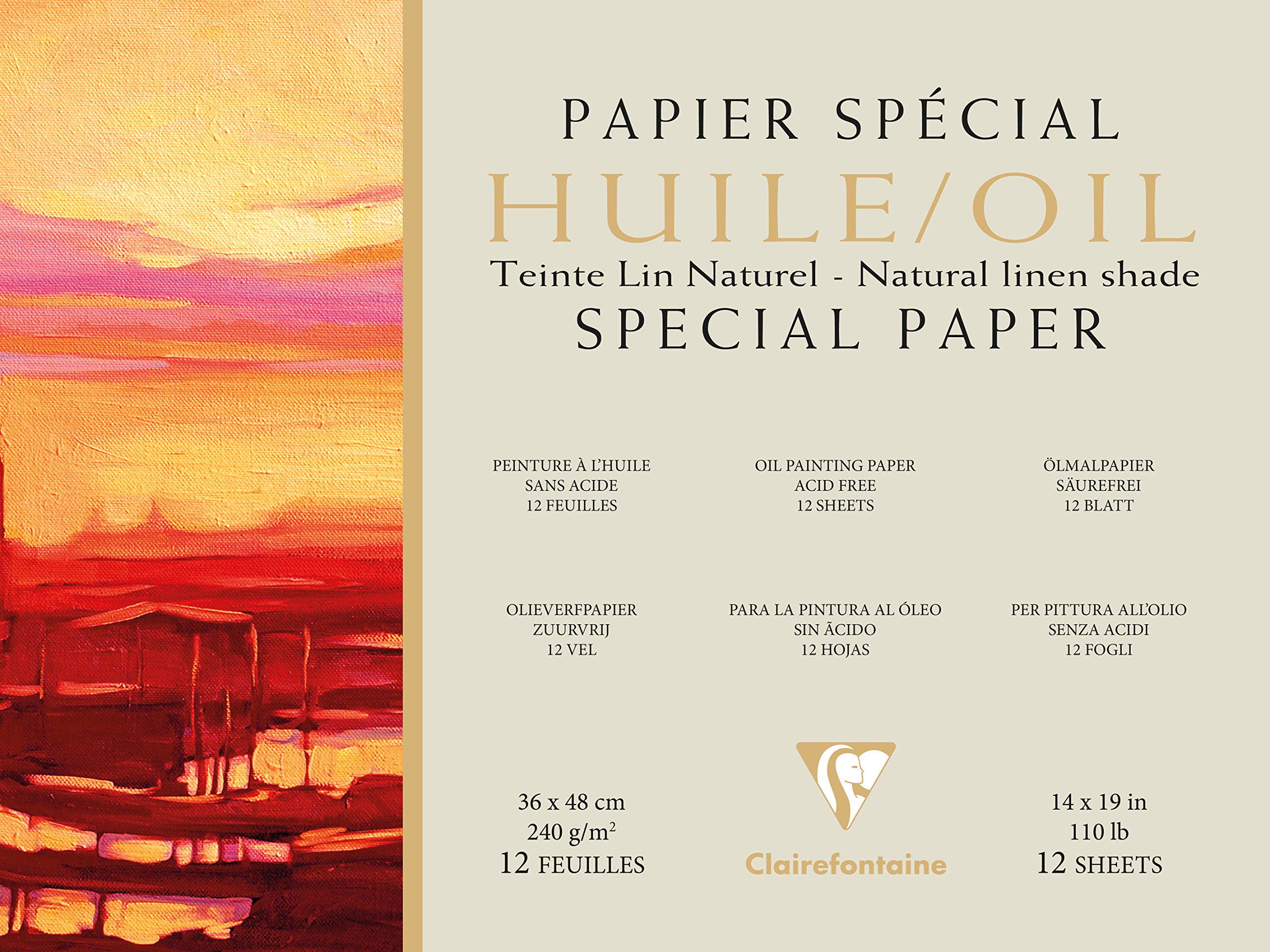 Clairefontaine - Ref 975825C - Oil Painting Glued Pad (12 Sheets) - 36 x 48cm Sized, 240gsm Natural Linen Shade Paper, Acid Free, pH Neutral - Suitable for Oil Painting, off white