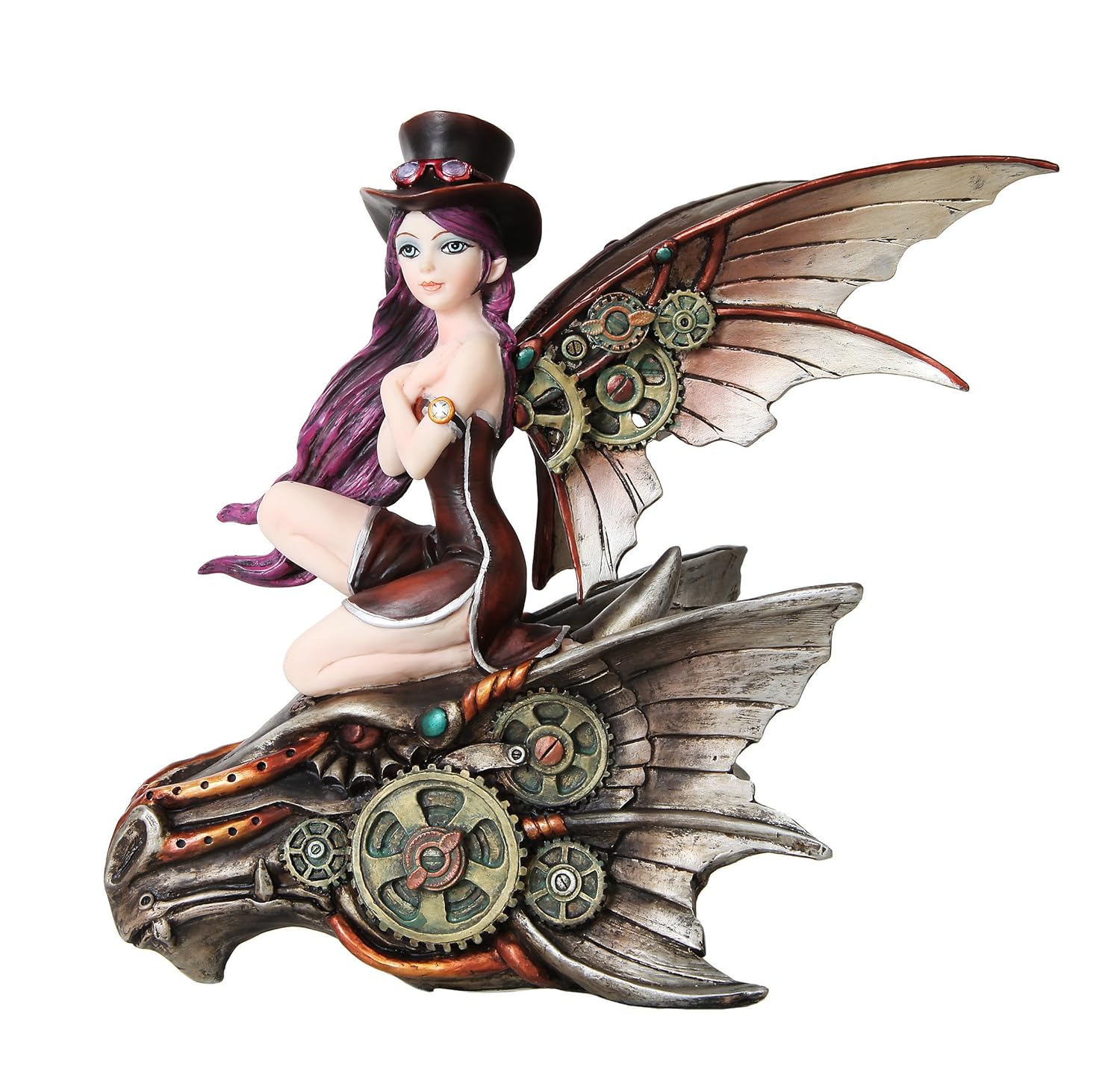 9 Inch Steampunk Top Hat Fairy Riding Dragon Skull Statue