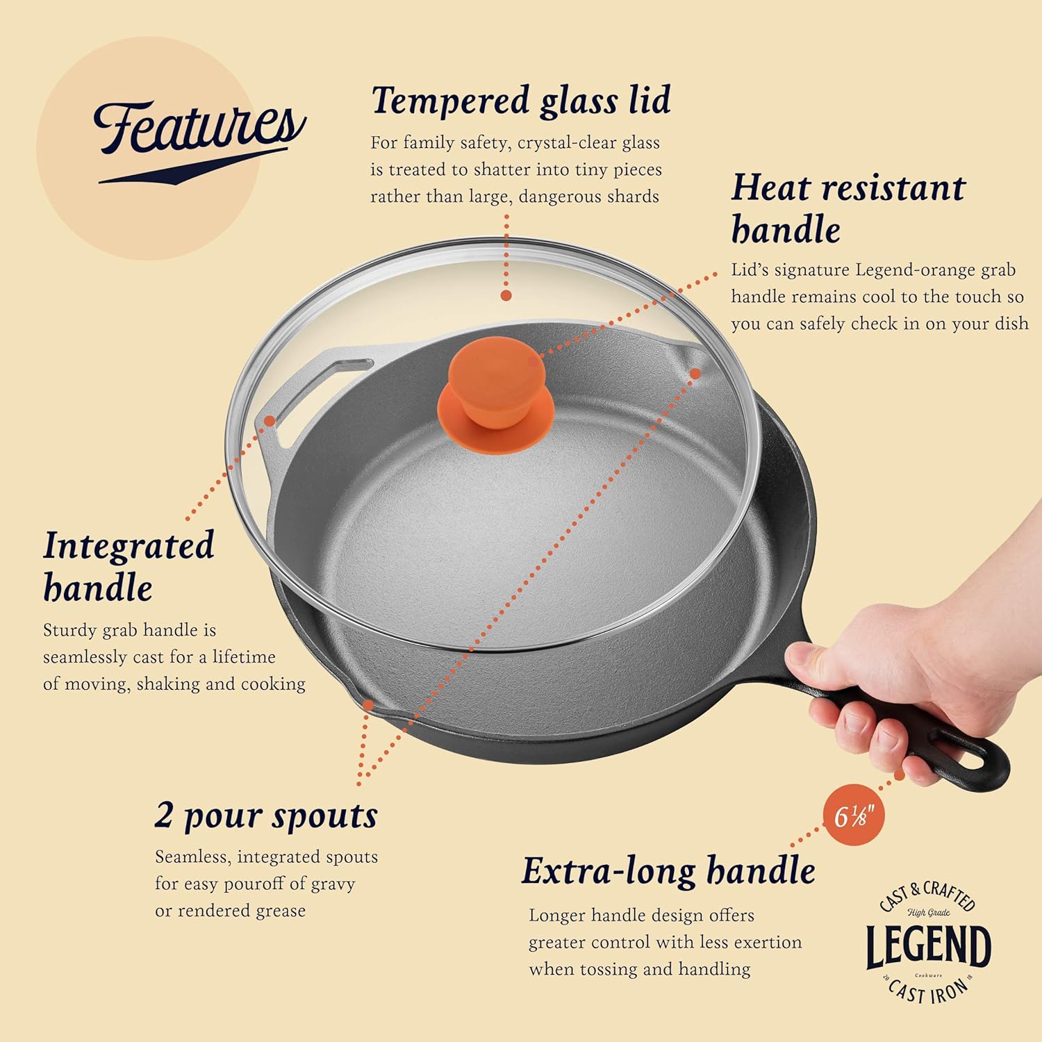 Legend Cast Iron Skillet with Lid | Large 12” Frying Pan with Glass Lid & Silicone Handle for Oven, Induction, Cooking, Pizza, Sauteing, Grilling | Lightly Pre-Seasoned Cookware Gets Better with Use: Kitchen & Dining