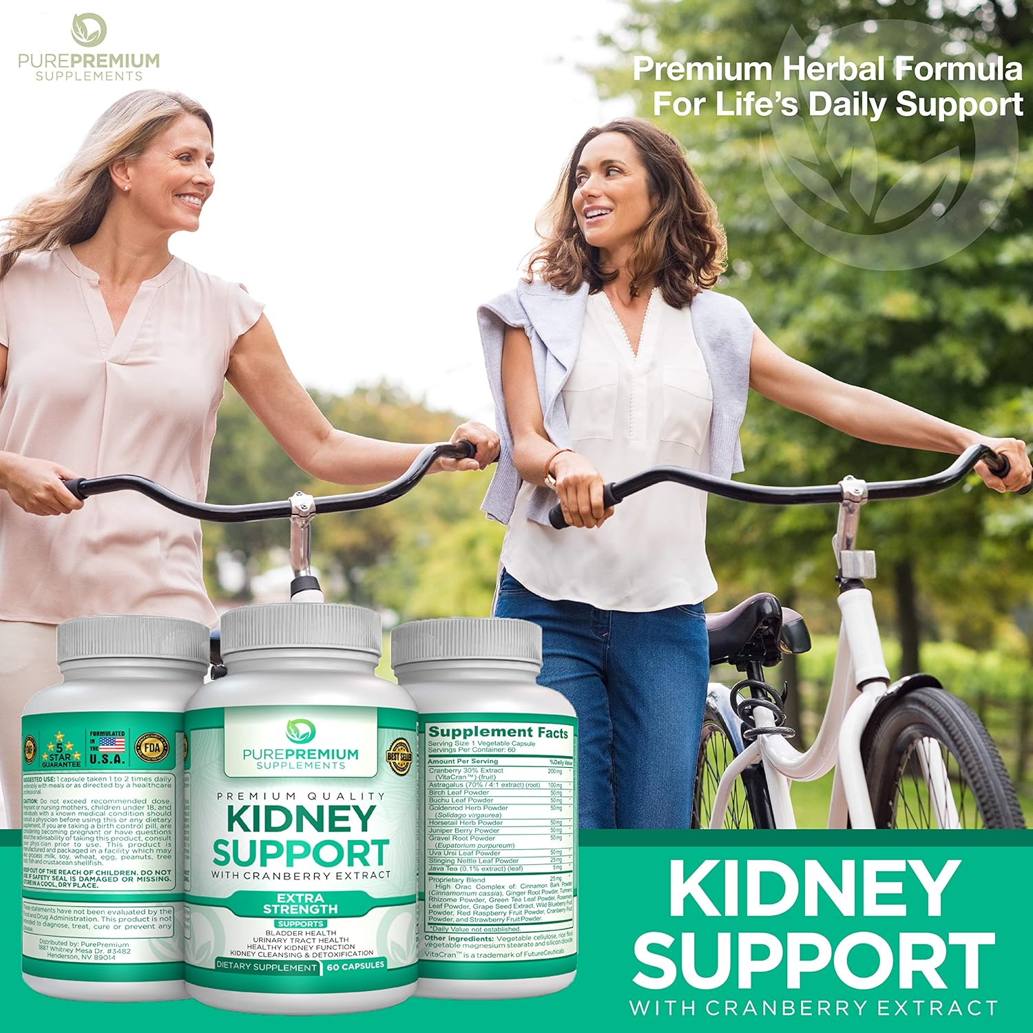 Premium Kidney Support Supplement by PurePremium (Kidney Cleanse Supplement) Potent Herbal Ingredients for Urinary Tract and Bladder Health – Cranberry Extract, Astragalus and Uva Ursi Leaf - 60 Caps: Health & Personal Care