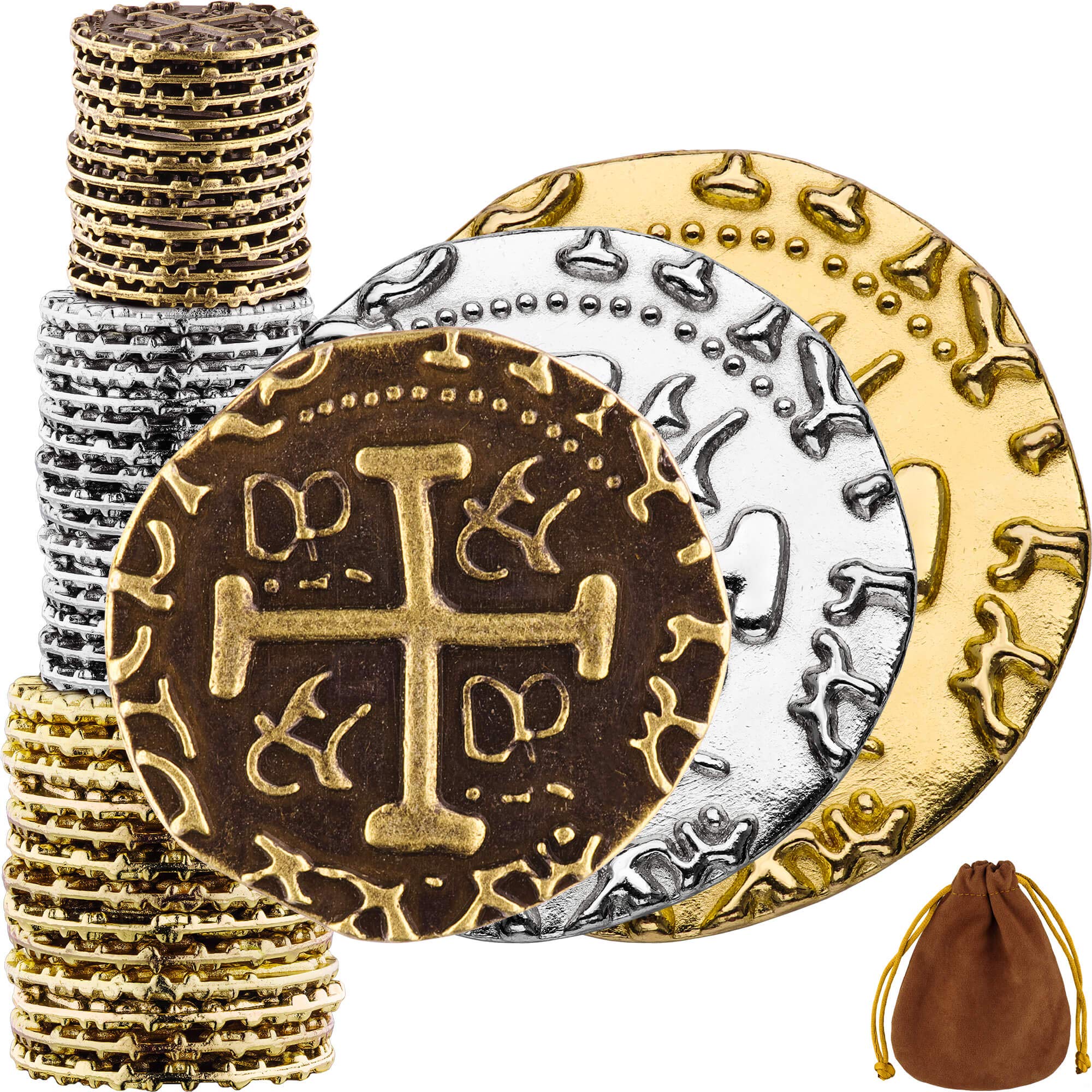 Pirate Coins, 36 Bronze, Silver & Gold Treasure Coin Set, Metal Replica Spanish Doubloons for Board Games, Tokens, Cosplay, Realistic Money Imitation, Pirate Treasure Chest, M, L, XL Sizes Mix