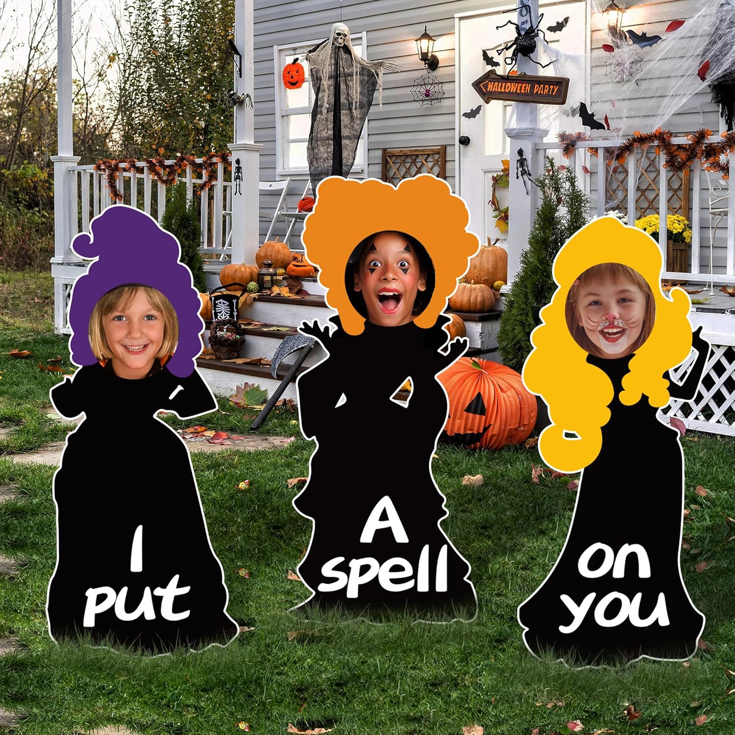 Yard Signs - Witch Halloween Decorations Outdoor, 35.4 Inch Hocus Pocus Face Yard Sign Photography Decorations, Large I Put A Spell on You Halloween Yard Signs with Stakes, Outside Lawn Garden Decor for Home Party