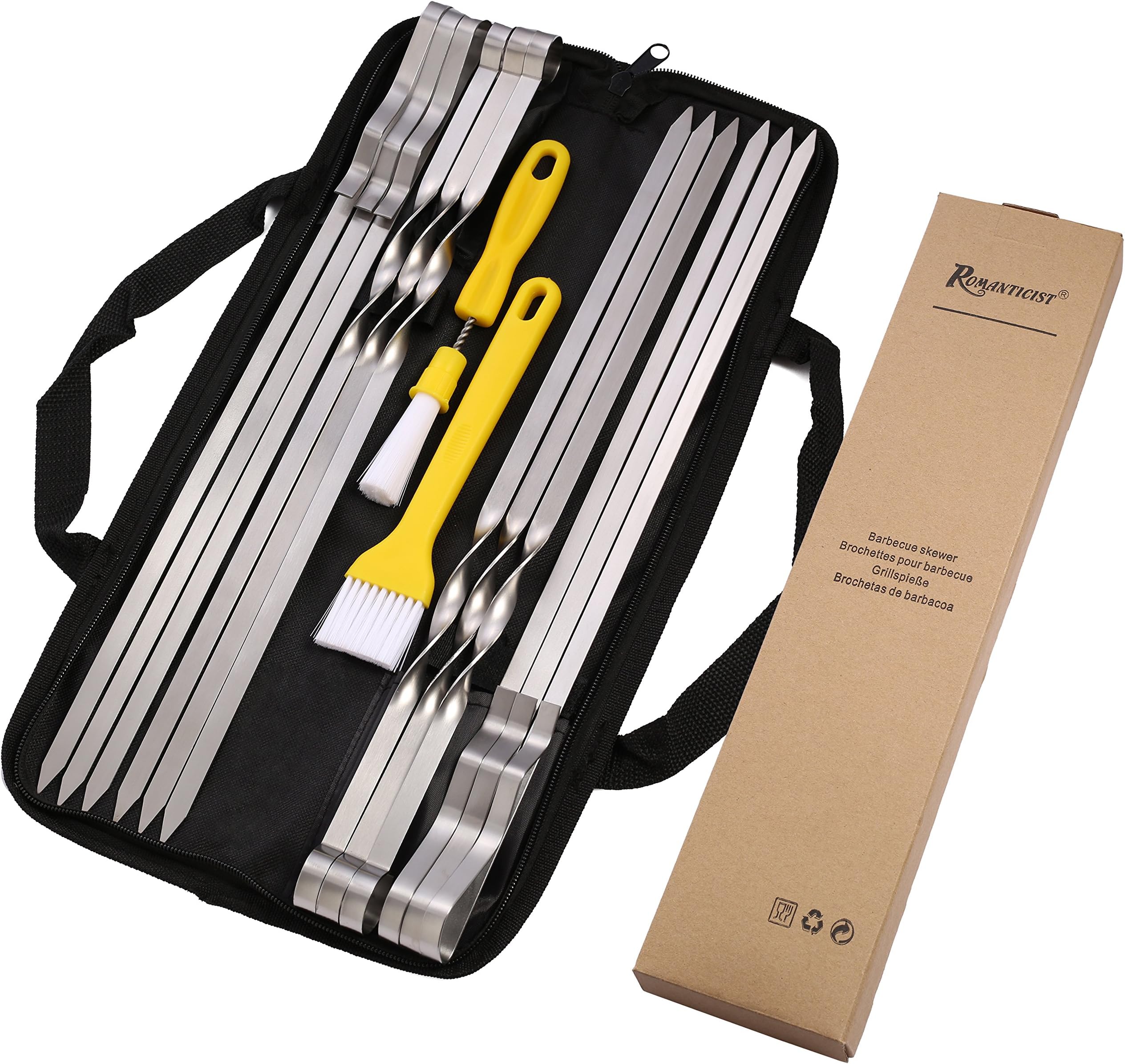ROMANTICIST 1cm Flat Metal Barbecue Skewers - 42cm Stainless Steel Grilling BBQ Stick Skewers with Basting Pastry Brush - 15Pcs BBQ Grill Tools Accessories Set in Handy Storage Pouch
