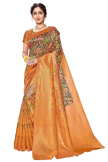 Womens Banarasi Silk Blend Saree With Unstitched Blouse Piece (printed_banarasi_saree102_Multicolored)