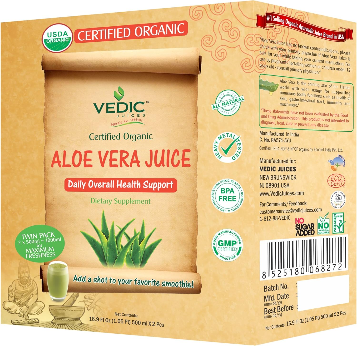 Aloe Vera 1000 ml USDA Certified Organic Juice Health