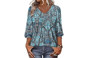 BETTE BOUTIK Women's Puff 3/4 Sleeve Tops Trendy V Neck Tunic Top Pleated Casual Loose Dressy T Shirts Blouses S-3XL