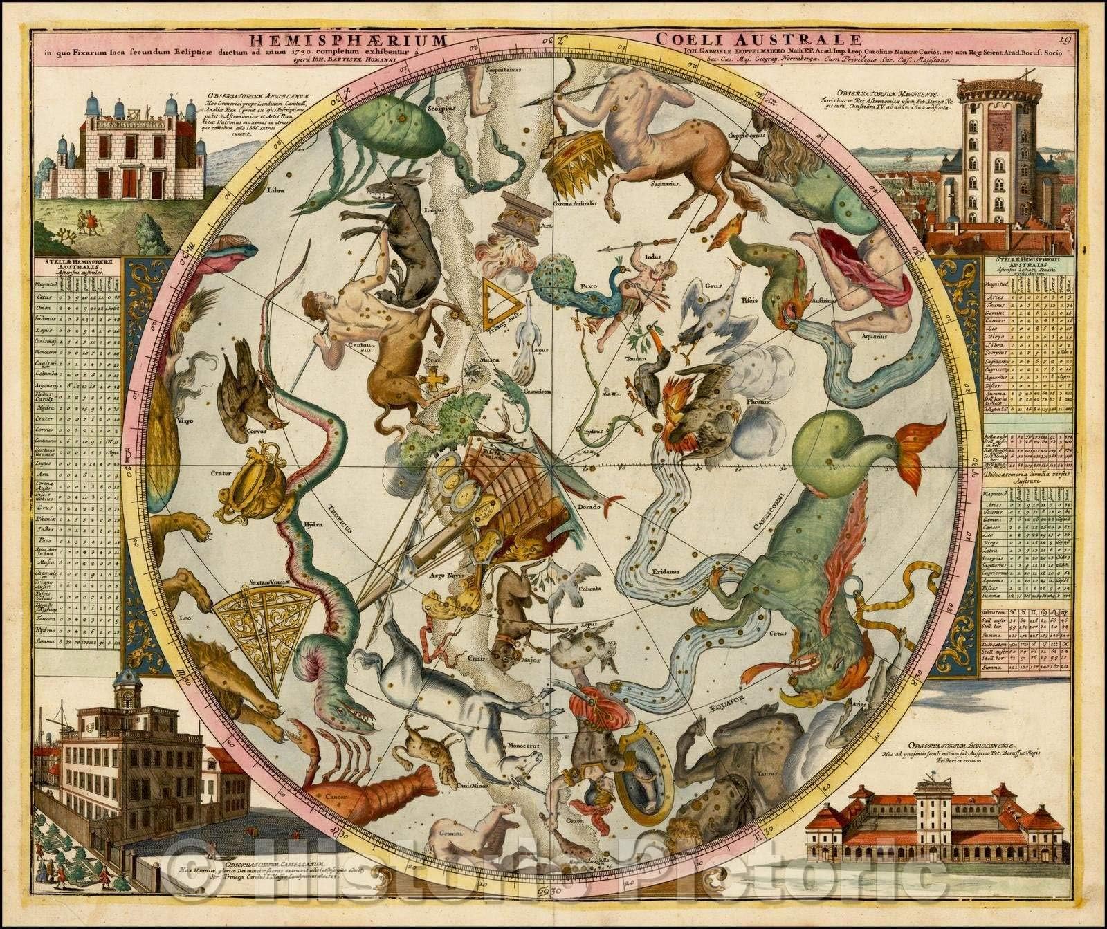 Historic Map - Hemisphaerium Coeli Australe in quo Fixarum loca secundum Eclipticae ductum, 1730, Johann Gabriele Doppelmayr v1 44in x 37in