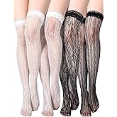 Fourluoo 4 Pairs Women Lace Thigh High Stockings White Black Sheer Fishnet Knee High Socks with Bow for Spring Valentine