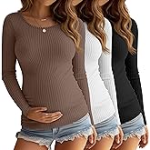 Velvelhall 3 Pack Women's Maternity Shirts Long Sleeve Ribbed Round Neck Pregnancy Tops Casual Basic Tee Maternity Clothes
