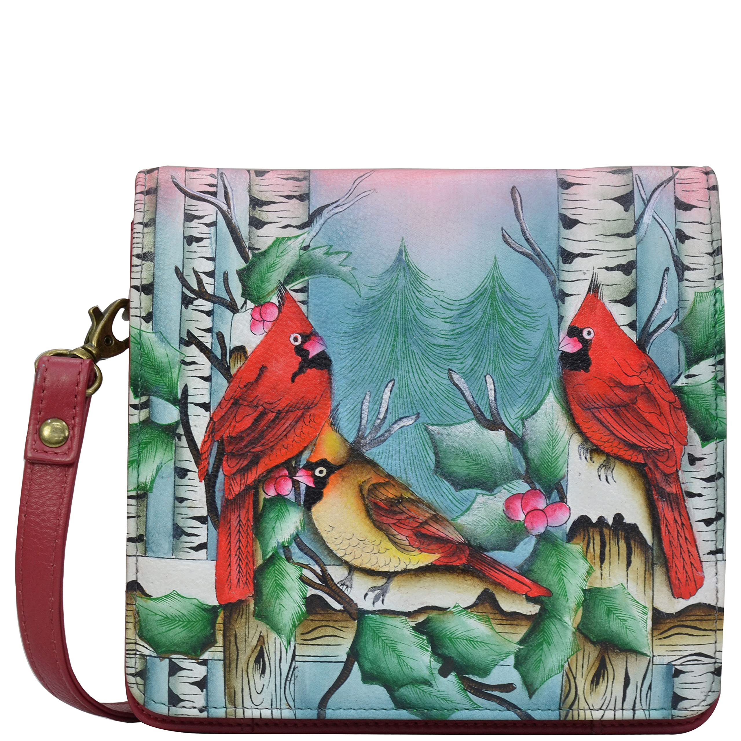 Anuschka Women’s Genuine Leather Small Messenger - Hand Painted Exterior - Snowy Cardinal