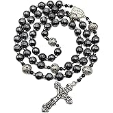 Hematite Rosary Black Stone Beads Necklace Metal Beaded Miraculous Medal & Cross Rosary For Men and Womens NS