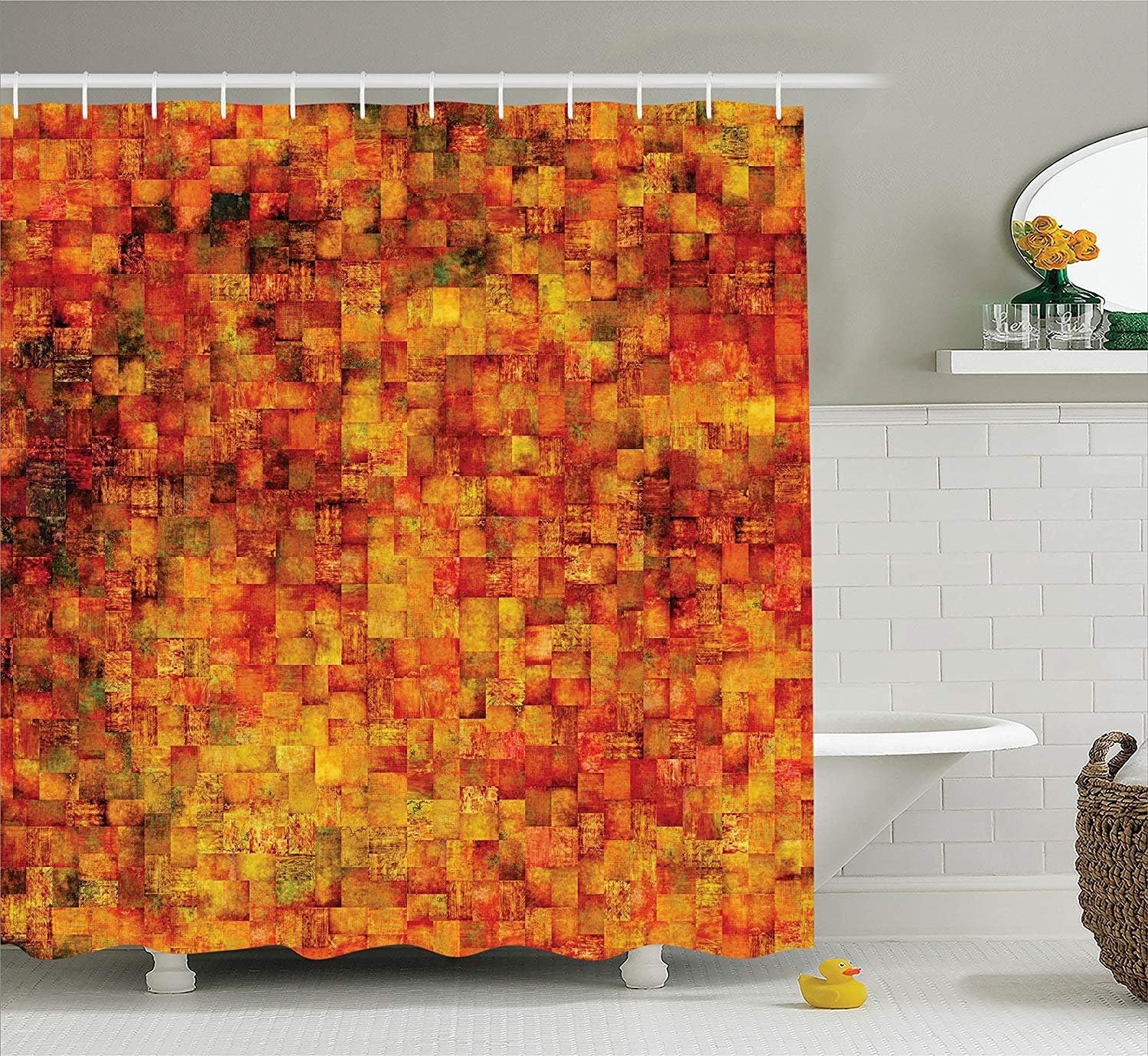 tgyew Burnt Orange Shower Curtain, Vintage Mosaic Background Quadratic Little Geometric Squares Faded Print, Fabric Bathroom Decor Set with Hooks, 60W X 72L Inche Extra Long, Orange Mustard