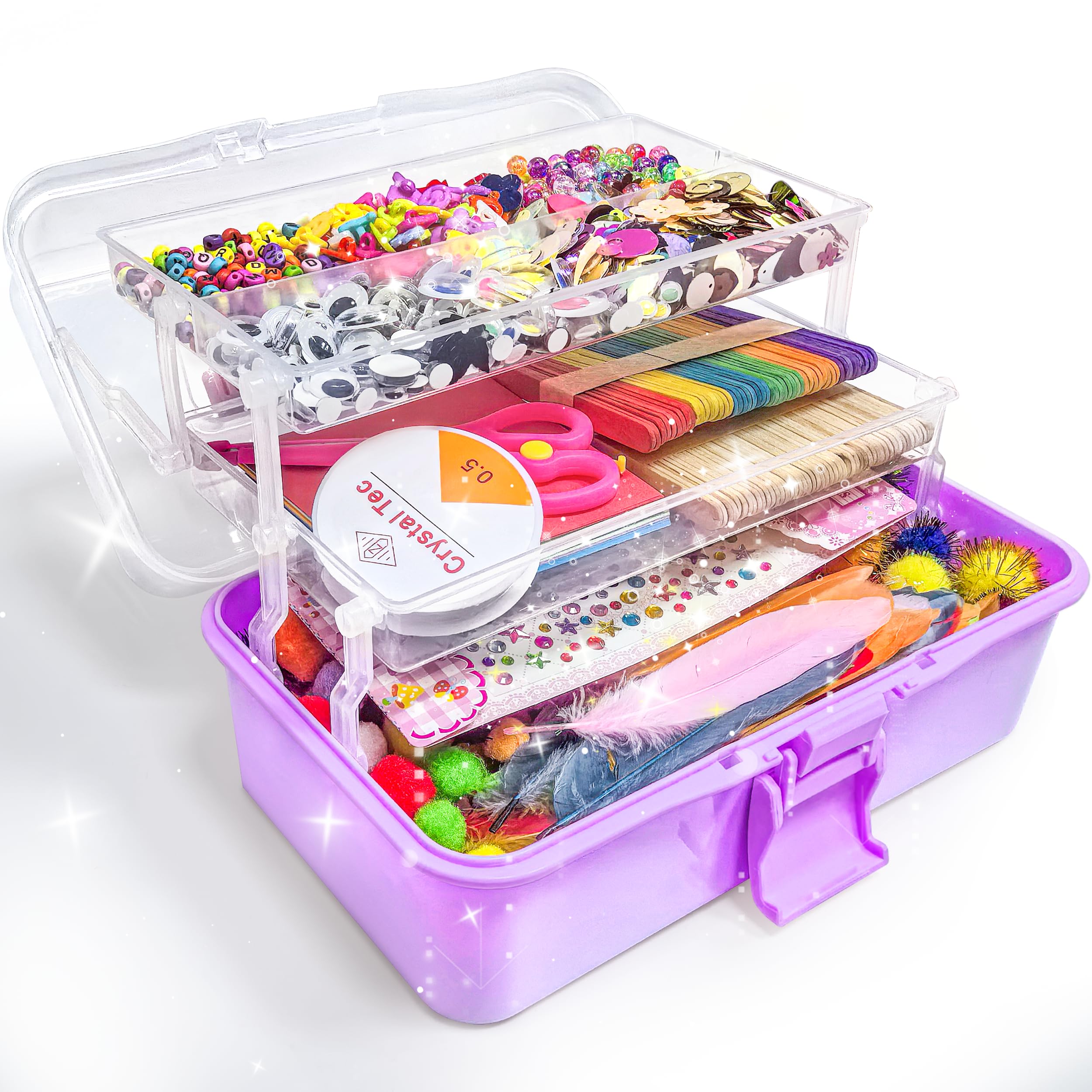 obqo 3000+ Pcs Art and Craft Box for Kids, Toddler Kids Craft Set Included Pipe Cleaners, Pom Poms, Feather, Folding Storage Box - All in One for Kids Craft Supplies (Purple)