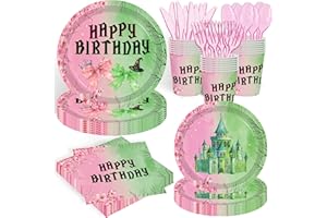 ASLERMURE 140pcs Pink and Green Witch Party Decorations Tableware, Witch Table Centerpieces Party Supplies, Tableware Set Paper Cups for Girls Birthday Party Decorations Severs 20 Guests