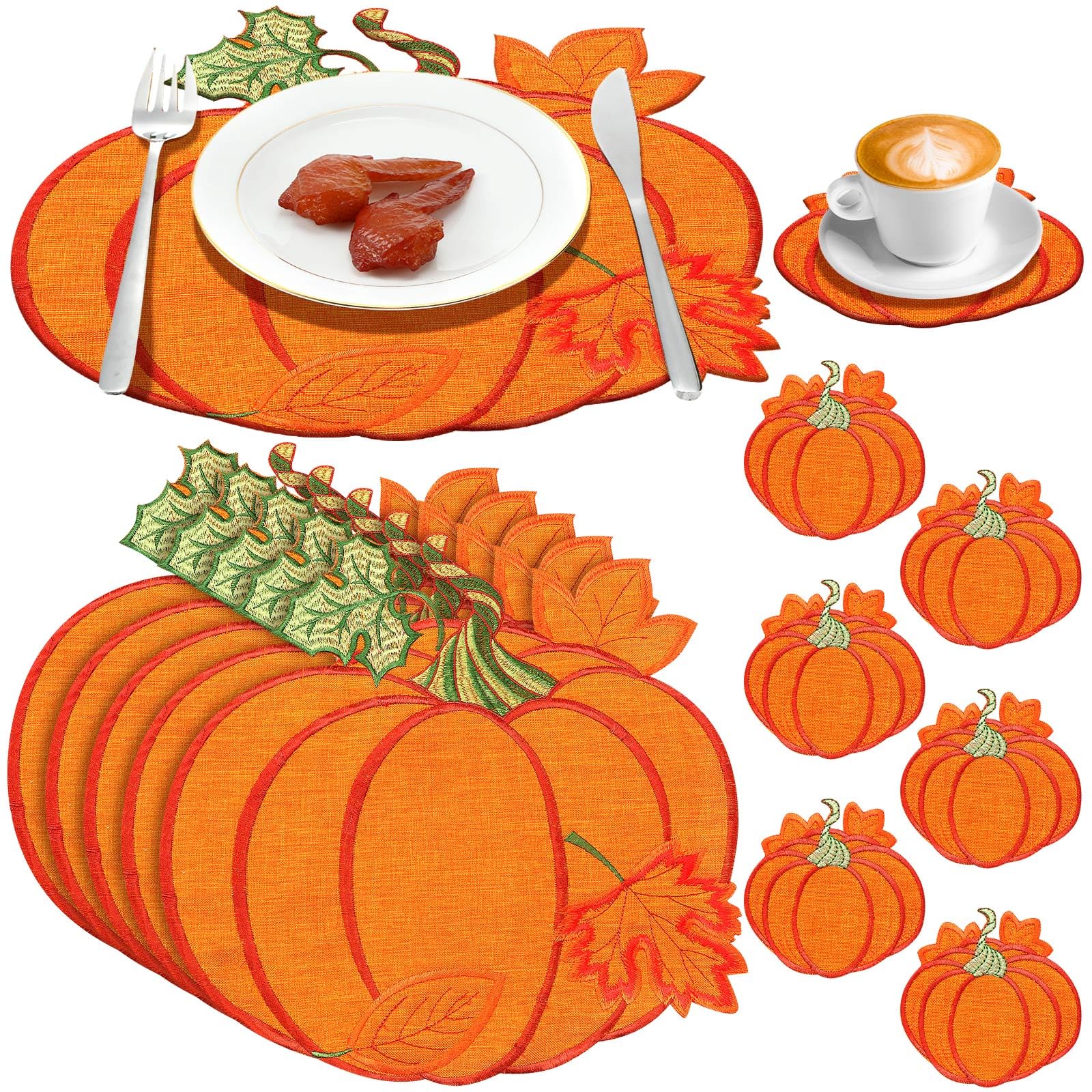 Photo 1 of 12 Pcs Fall Thanksgiving Embroidered Pumpkins Placemats and Coaster Set of 6 Autumn Harvest Table Placemats Washable Mats for Home Dinning Kitchen Decorations
