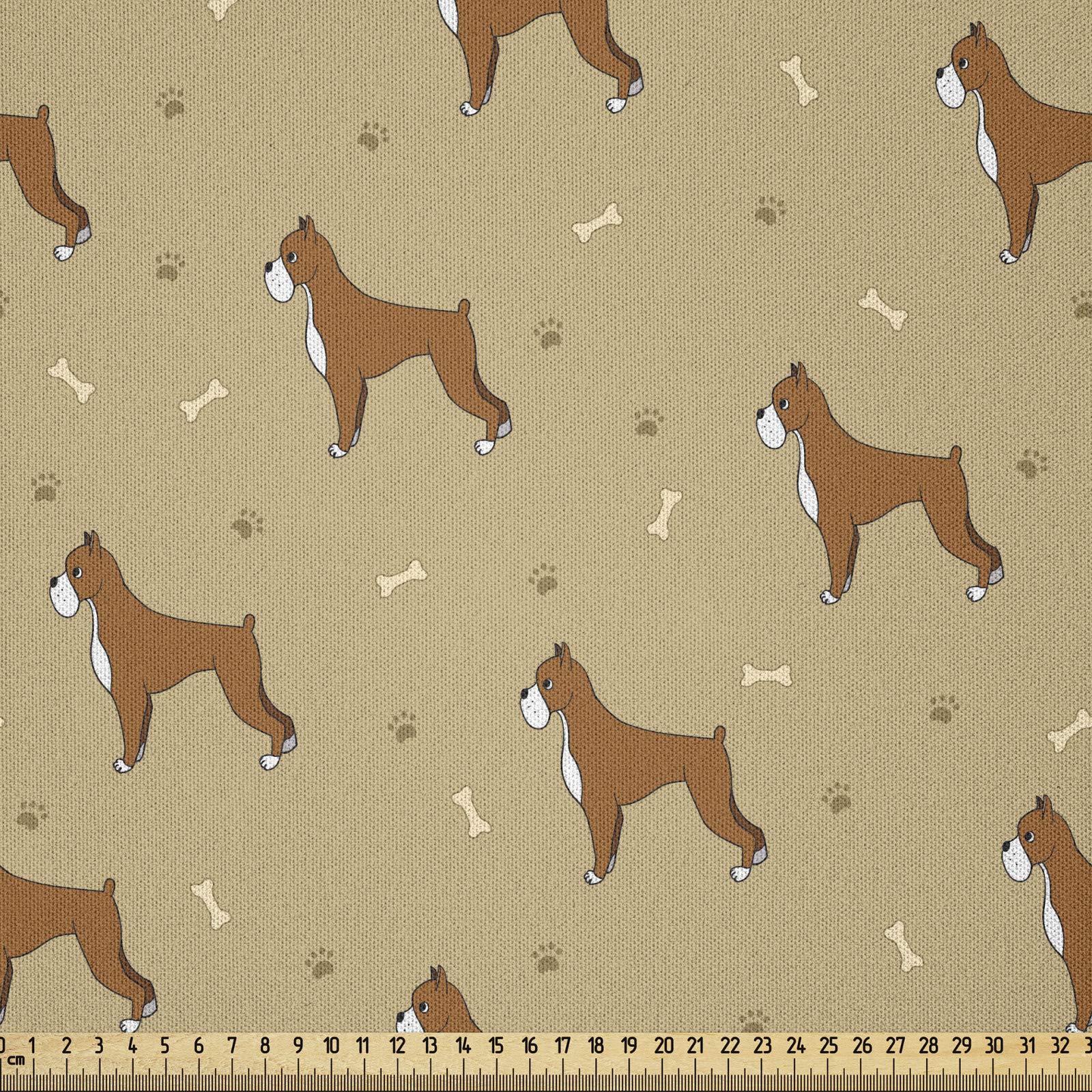 ABAKUHAUS Boxer Dog Fabric by the Yard, Cartoon Purebred Dogs Paw Prints and Bones Kids Nursery, Microfiber Fabric for Arts and Crafts Textiles Decor, 1M (230x100cm), Pale Brown Caramel White