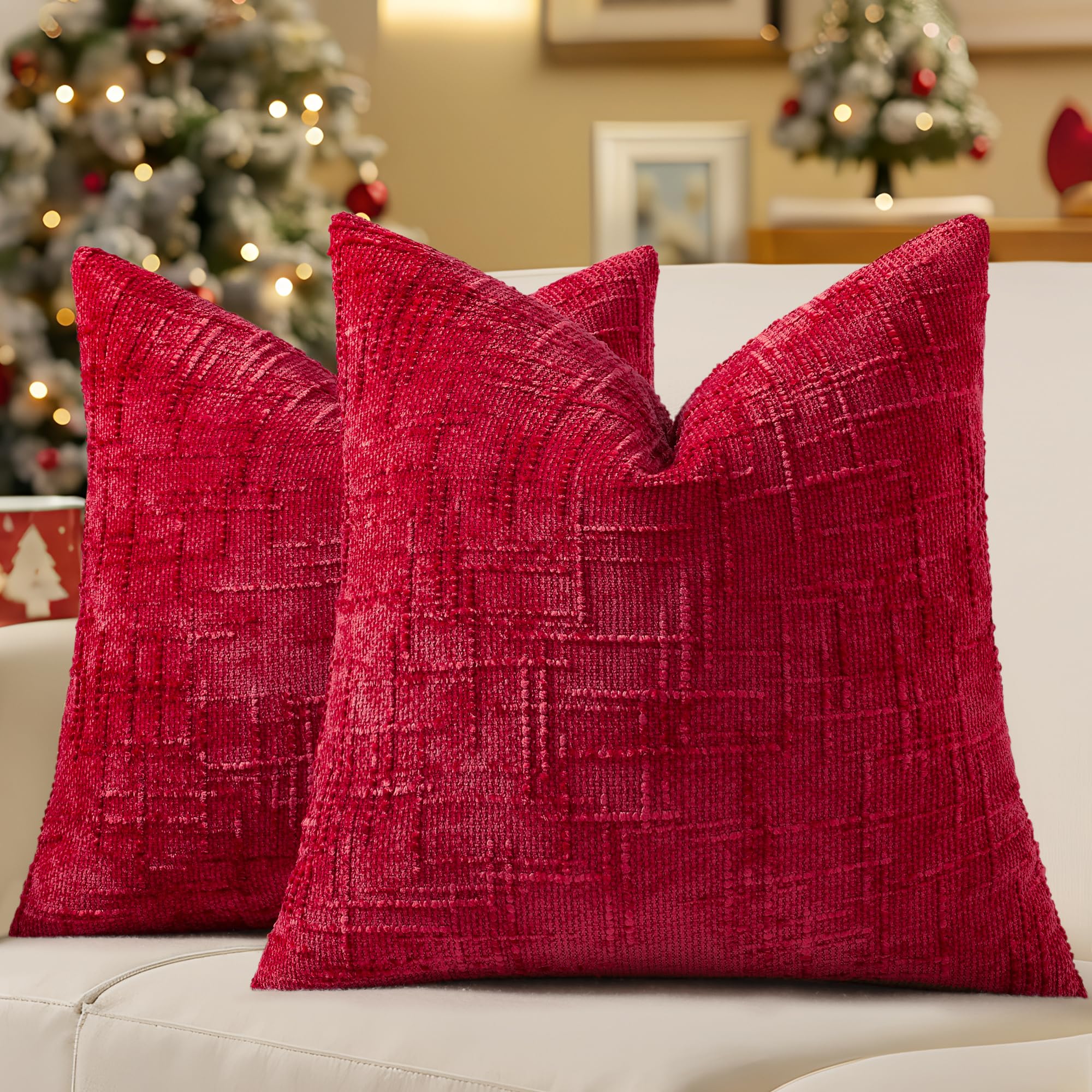 decorUhome Red Chenille Euro Sham Throw Pillow Covers 22x22 Set of 2 Textured Soft Cozy Slubby Couch Pillow Covers Modern Farmhouse Boho Decorative Pillow Cases for Bed Sofa Living Room