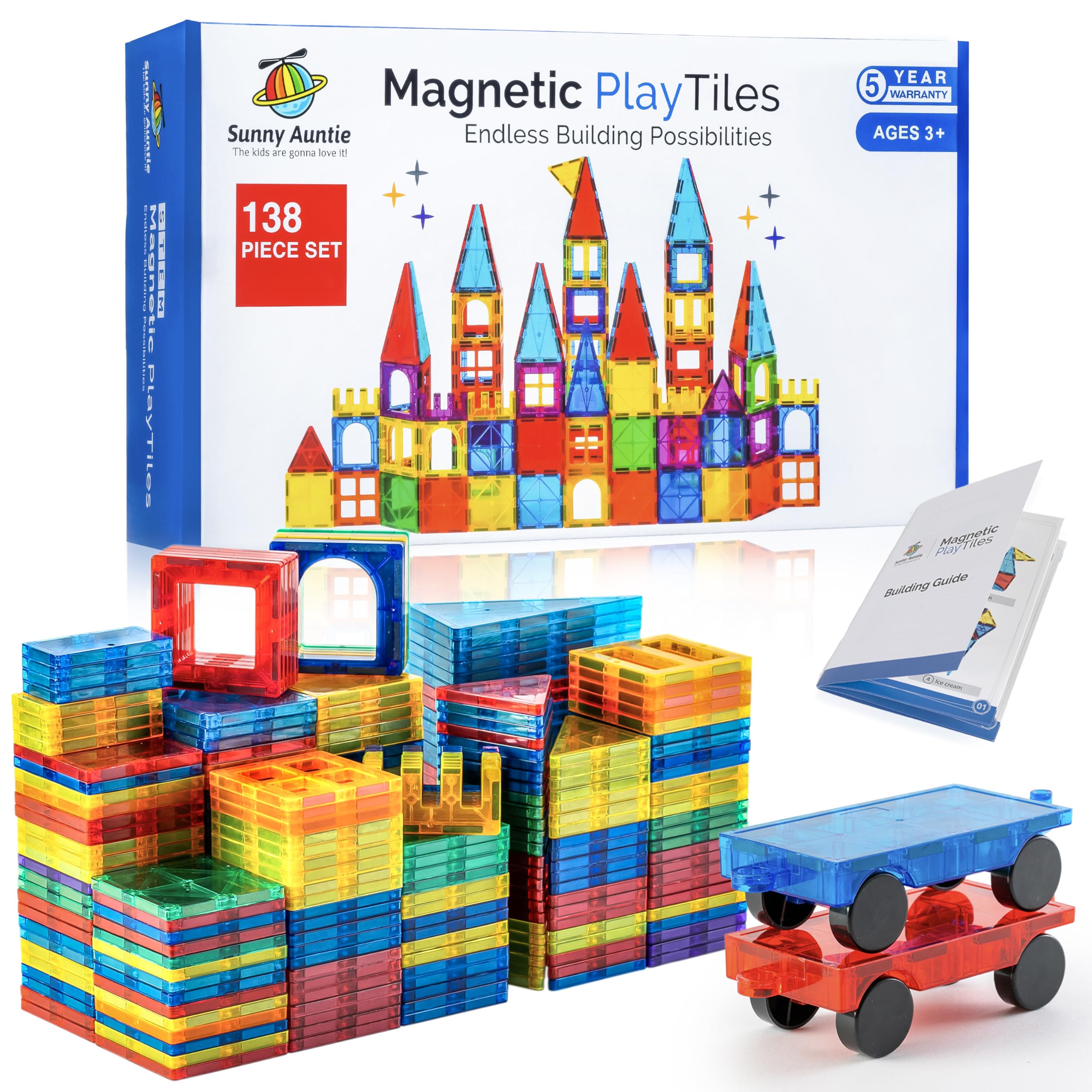 SUNNY AUNTIE Magnetic Tiles 138 PCS XL Set with Storage Bag – Magnetic Building Tiles for Kids Ages 3-8, STEM Magnet Construction Toy for Boys & Girls