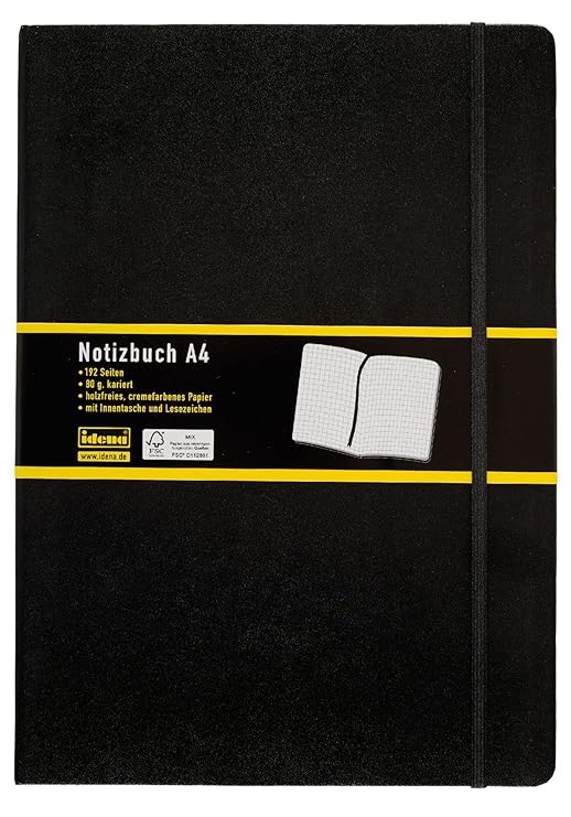 Idena 209280 - Notizbuch DIN A4, 192 Seiten, 80 g/m², kariert, schwarz