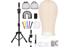 TopDirect 22 Inch Canvas Wig Head Stand, Wig Stand Tripod with Head, Mannequin Head for Wigs, Manikin Canvas Block Head Set Making Display with Wig caps, T Pins Set Bristle Brush