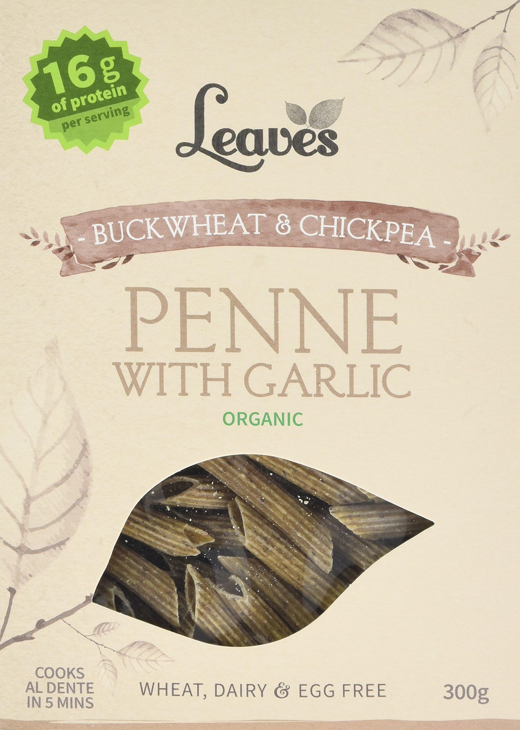 Leaves Organic Buckwheat and Chickpea Garlic Penne Pasta, 300 Grams (Pack of 8)